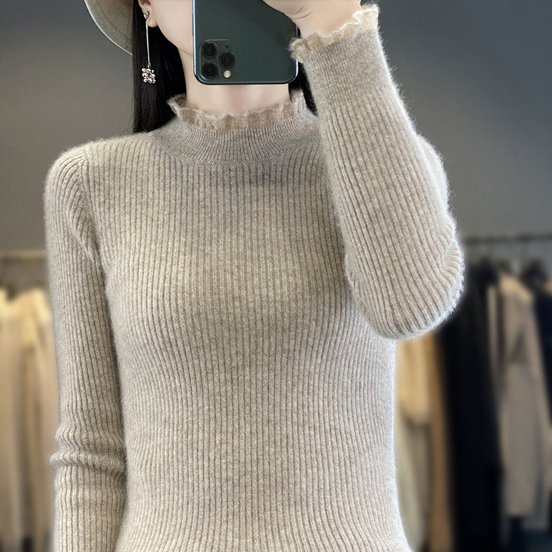 蕾絲拼接半高領套頭毛衣女修身顯瘦保暖時尚百搭內搭毛衫秋冬新款
