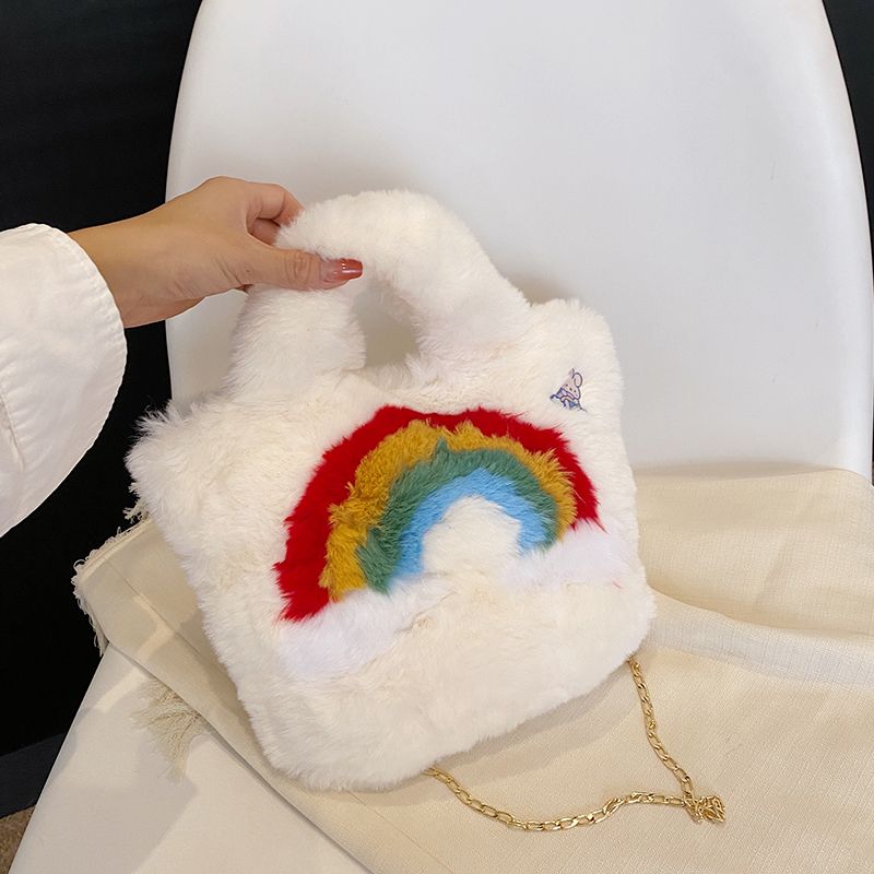 UR Winter New Cute Rainbow Women's Fashion Portable Plush Large Capacity Chain One Shoulder Crossbody Bag_voghion.com