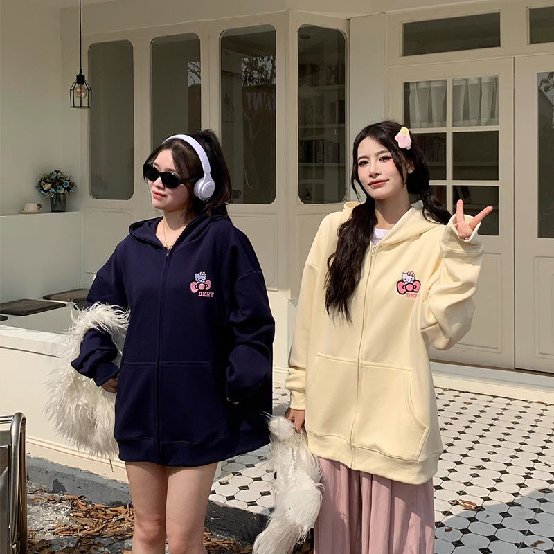 100%純棉連帽衛衣加絨加厚女秋冬百搭寬鬆bf慵懶風中長款休閒外套