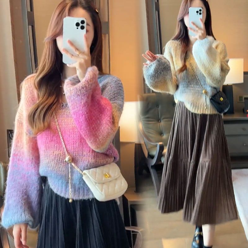 藍海奕諾V領寬鬆毛衣百褶半身裙套裝女2023秋新款顯瘦洋氣兩件套