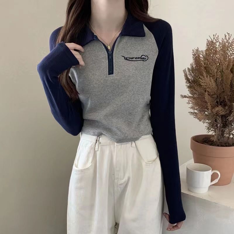 辣妹polo領長袖t恤女秋季新款設計感小眾修身外穿打底衫短款上衣