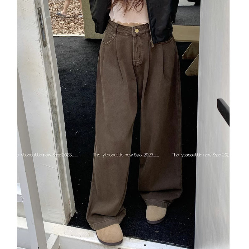 美拉德咖色牛仔褲女秋季復古高腰直筒褲子小個子寬鬆闊腿拖地長褲