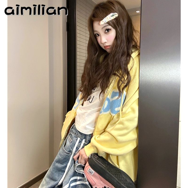 aimilian100%纯棉韩版开衫卫衣外套女秋冬独特百搭慵懒风开衫外套