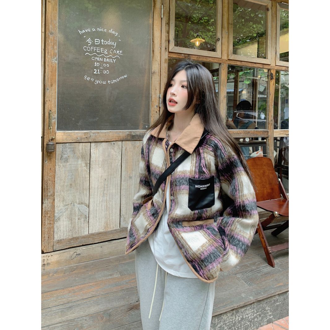 American retro contrast color woolen jacket for women in autumn and winter with small fragrance design niche thickened versatile jacket top