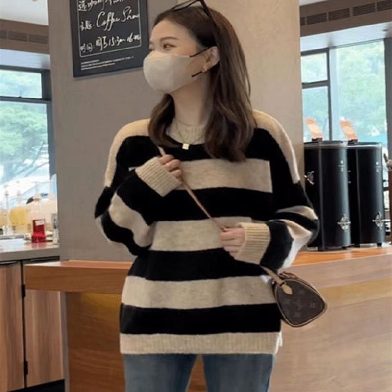 條紋慵懶風套頭毛衣女秋冬2023新款女裝韓版寬鬆百搭針織長袖上衣