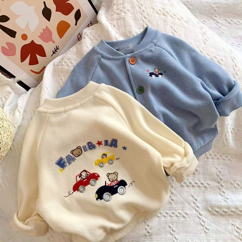 日系miki 春季新款男童卡通小熊汽车刺绣外套 宝宝儿童针织开衫