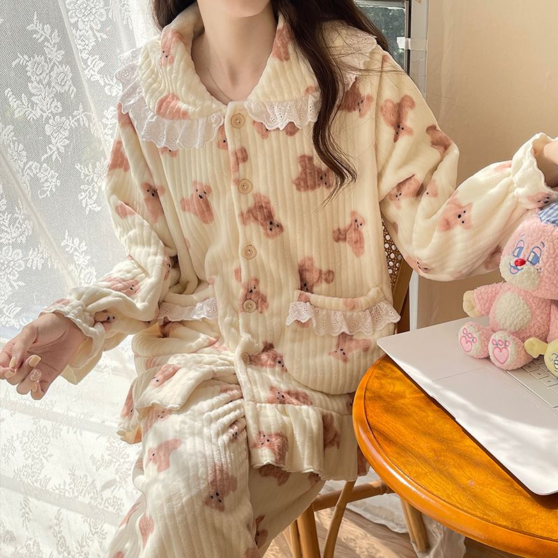 睡衣女秋冬季長袖法蘭絨加厚保暖學生套裝珊瑚絨公主風甜美家居服
