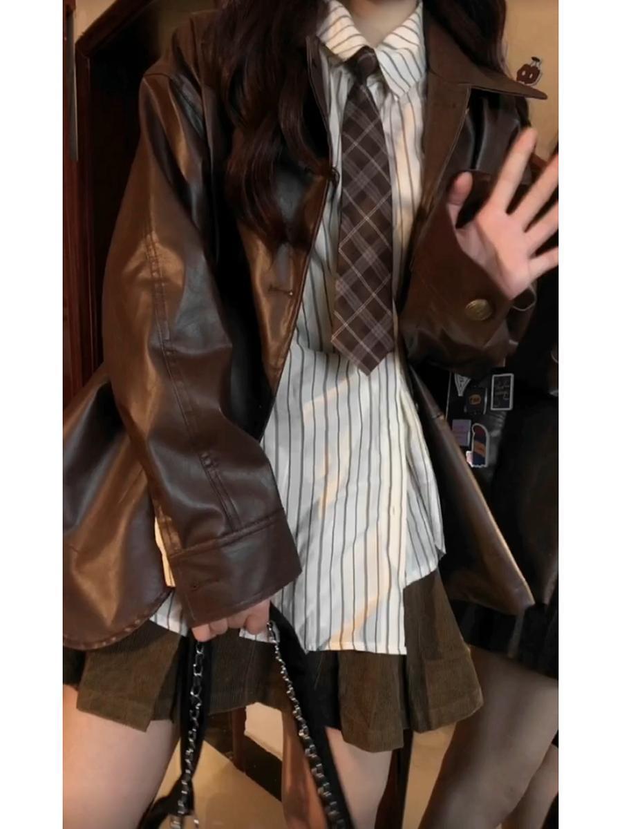 OLUX秋季新款设计感小众宽松长袖衬衫女小个子校园风百褶裙套装潮