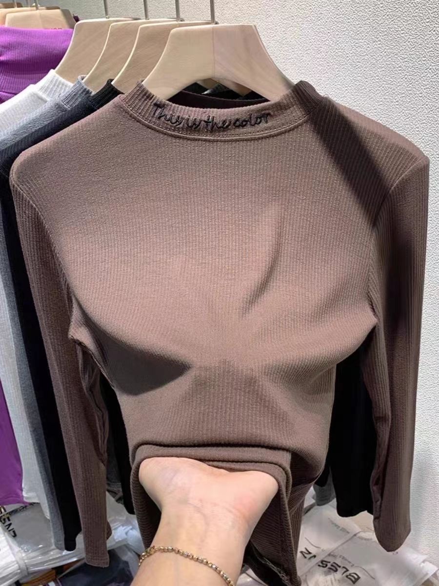 德絨長袖中領刺繡新款韓版修身顯瘦保暖秋冬女外穿打底衫上衣女