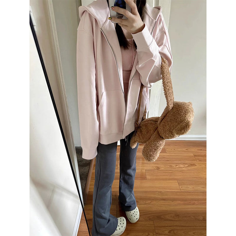 慵懶風粉色開衫連帽衛衣外套女秋冬新款oversize寬鬆百搭拉鏈上衣