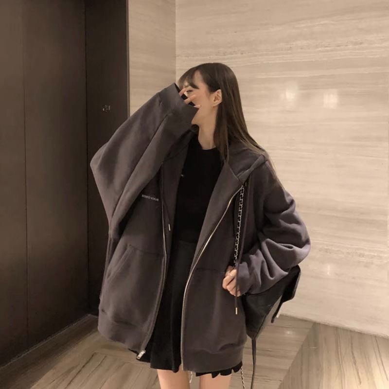 純棉加絨連帽衛衣女冬季2023新款潮牌ins設計感休閒寬鬆保暖外套