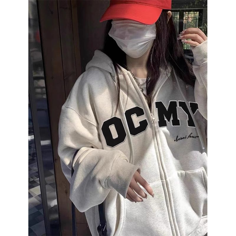 100%純棉連帽衛衣加絨加厚女秋冬百搭寬鬆bf慵懶風中長款休閒外套