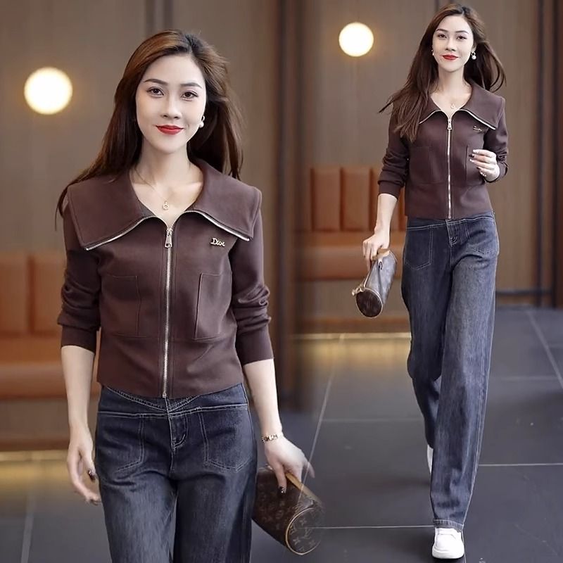 牛仔闊腿褲套裝女2023秋季新款洋氣減齡翻領長袖開衫直筒褲兩件套