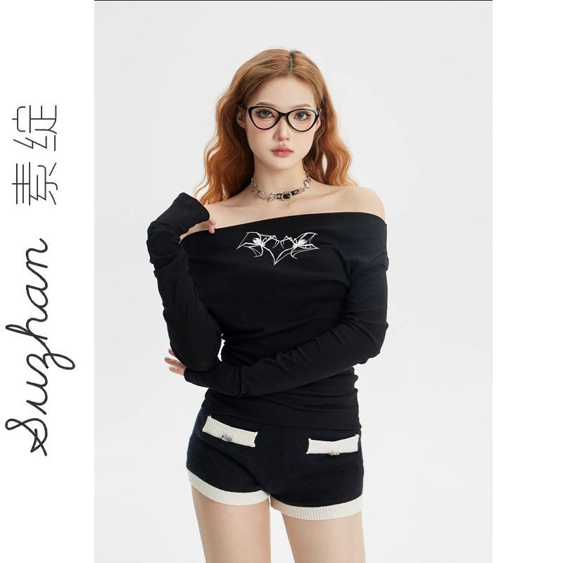 黑色新款莫代爾修身顯瘦一字肩氣質上衣女美式甜酷辣妹打底衫長袖
