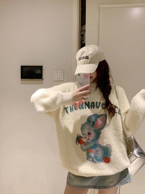秋冬爆款洋氣可愛卡通兔子毛衣女韓系時尚甜美顯瘦圓領針織衫上衣