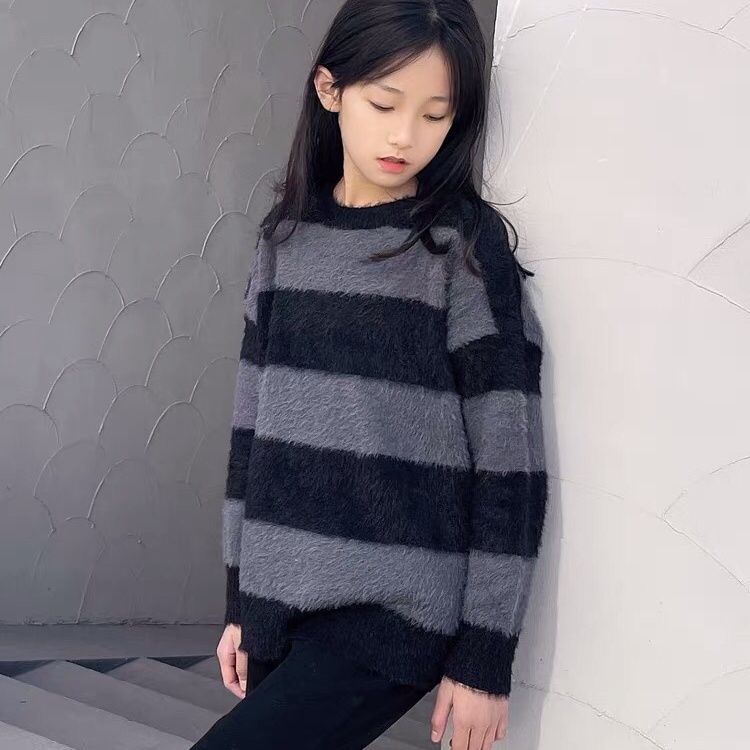 New autumn and winter fashionable versatile loose children's parent-child wear mink velvet sweater warm sweater Maillard stripe