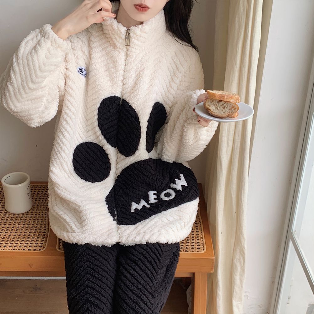 睡衣少女卡通可愛長袖秋冬季拉鏈高領珊瑚絨加厚絨保暖家居服套裝