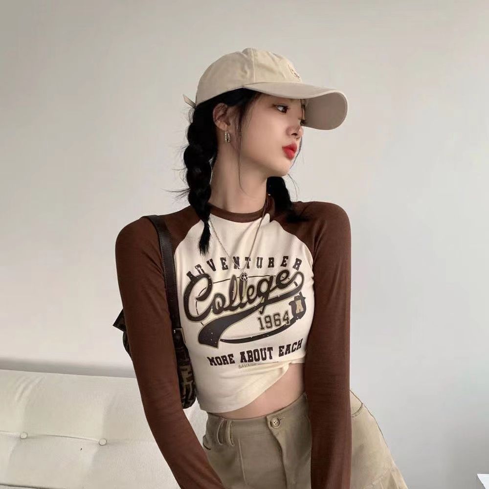 美式復古印花長袖T恤女秋冬新款修身小眾辣妹上衣短款外穿打底衫