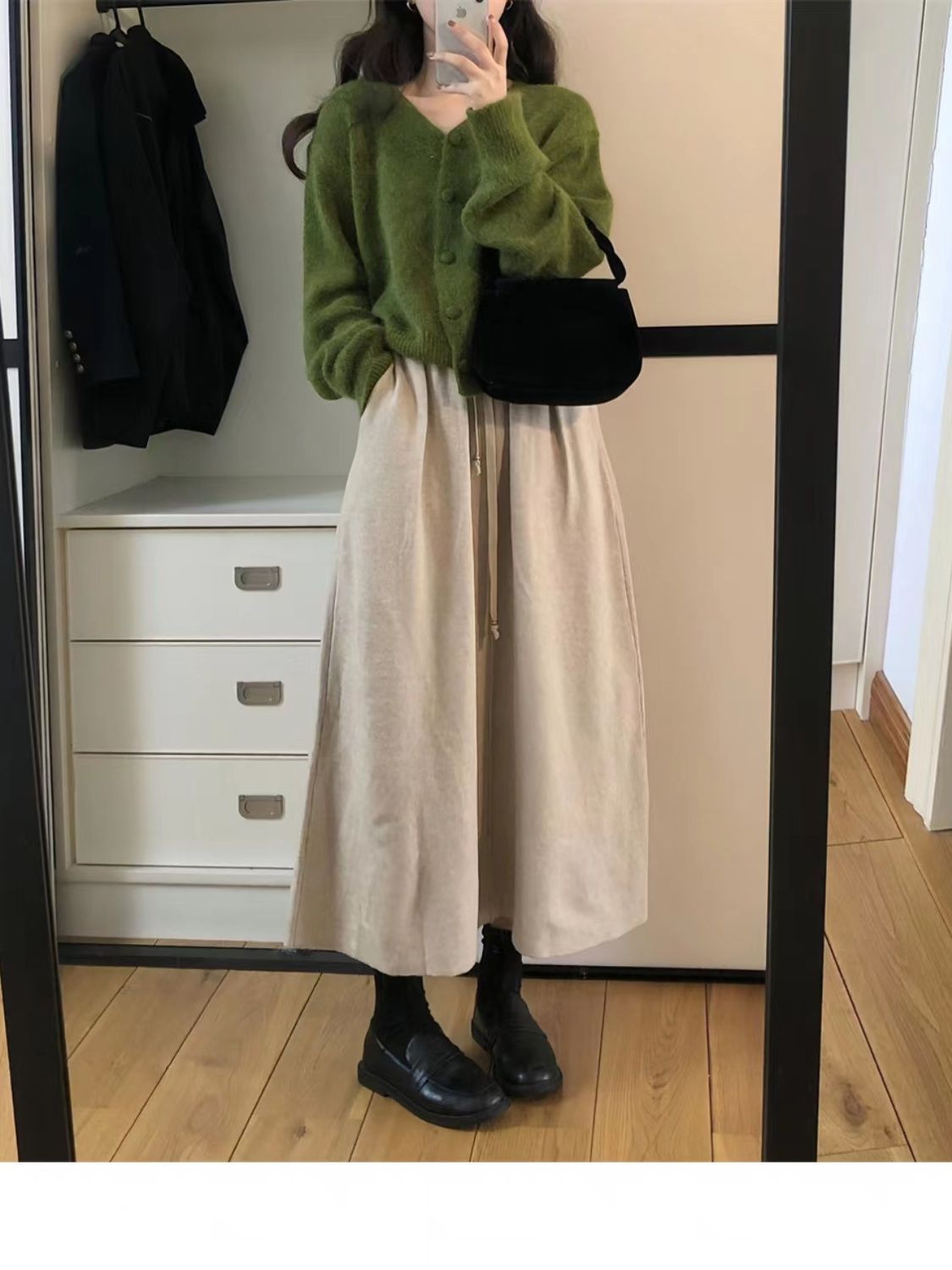 PROMONE 绿色毛衣女秋季新款慵懒复古V领针织外套小个子上衣