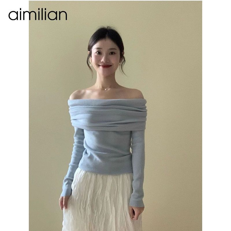 aimilian法式溫柔風一字肩針織衫女春秋內搭打底衫設計感露肩毛衣