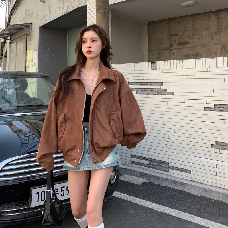 American Street Handsome Suede Short Jacket Women's  Autumn Korean Style Loose Motorcycle Jacket Trendy