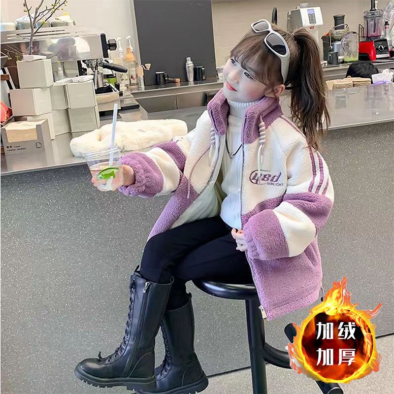 Girls' coat winter 2023 new style children's lamb wool autumn and winter thickened quilted winter cotton top