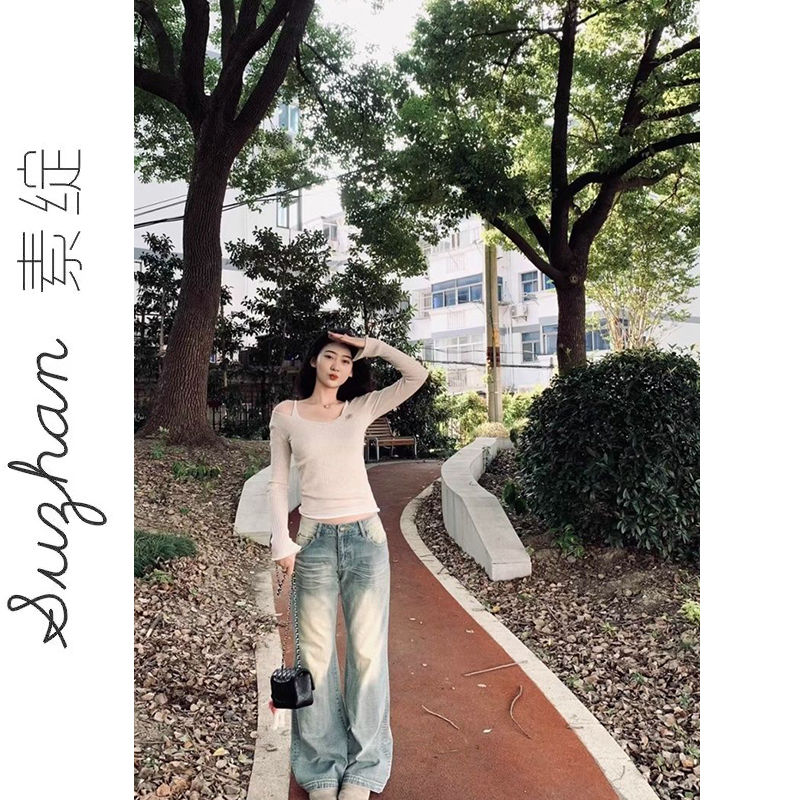 ins風薄款休閒氣質百搭掛脖針織衫上衣女早秋撞色拼接假兩件長袖