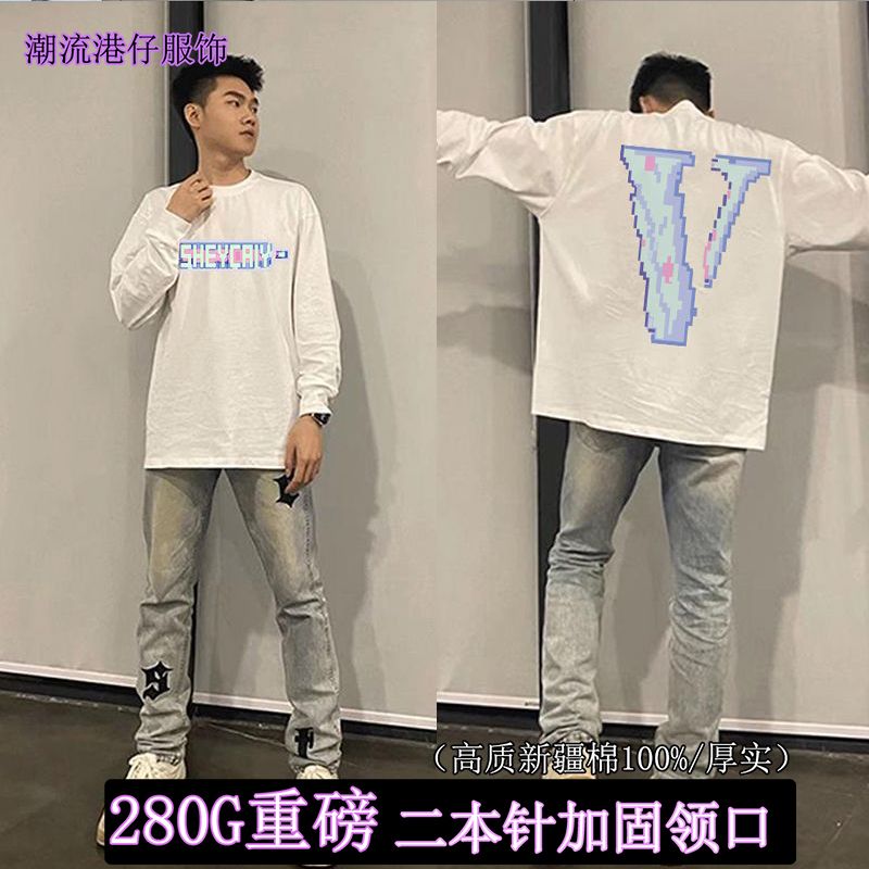 美式高街嘻哈字母印花長袖T恤男秋季280G重磅純棉情侶打底衫上衣