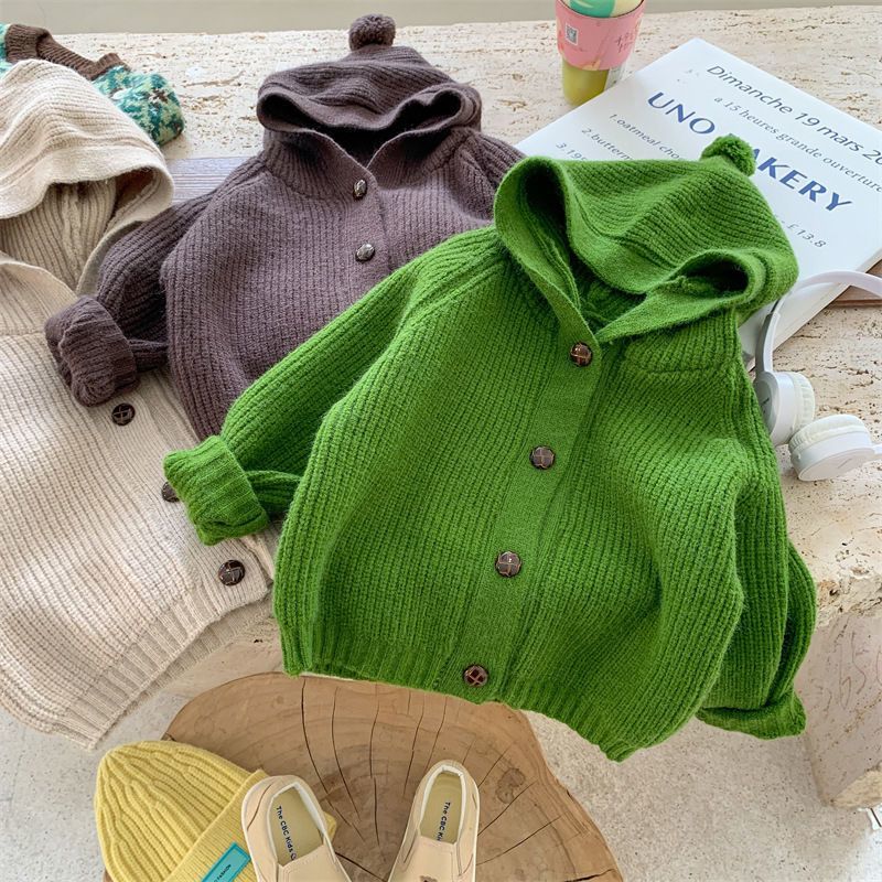 韩版中小童秋冬新款童装毛衣纯色洋气带帽针织小香风开衫长袖毛衣