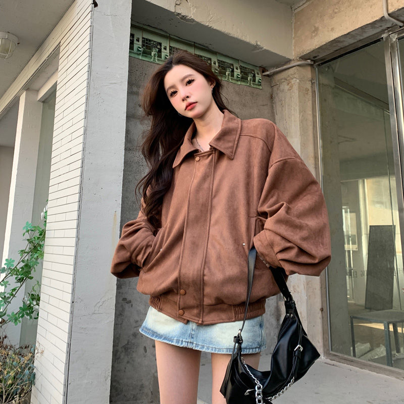 American Street Handsome Suede Short Jacket Women's  Autumn Korean Style Loose Motorcycle Jacket Trendy