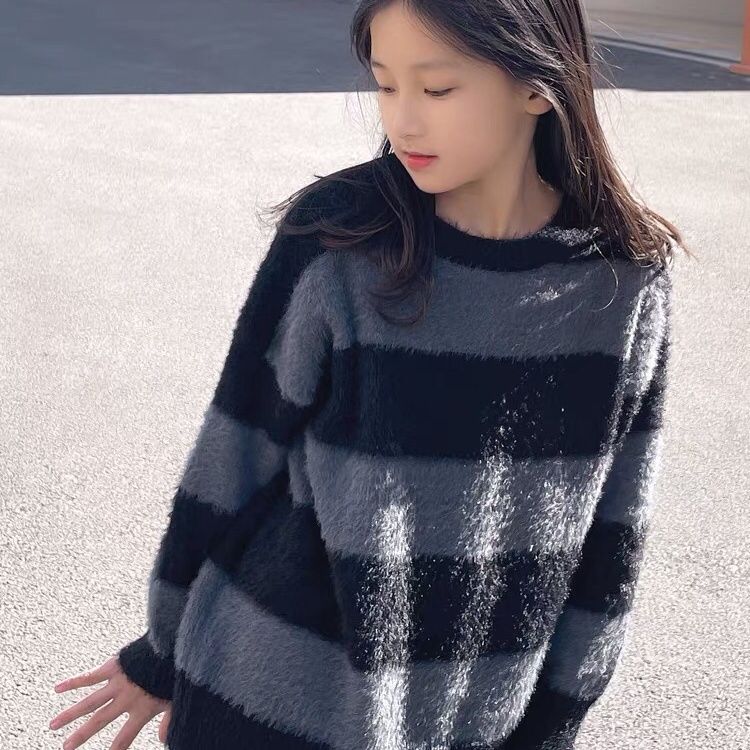 New autumn and winter fashionable versatile loose children's parent-child wear mink velvet sweater warm sweater Maillard stripe