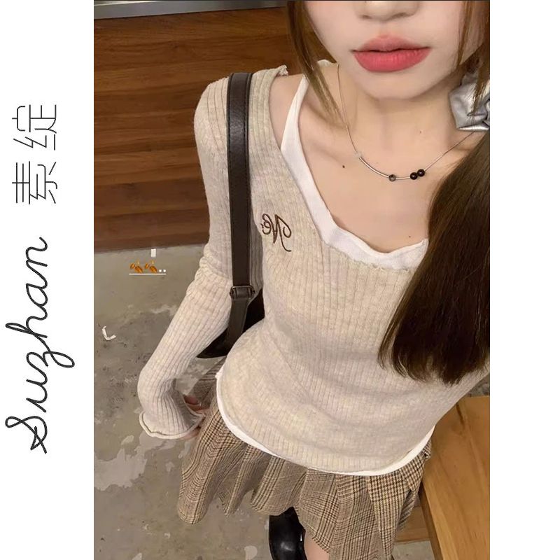 韓版鹽系穿搭減齡假兩件刺繡針織衫上衣女早秋拼接撞色內搭長袖潮