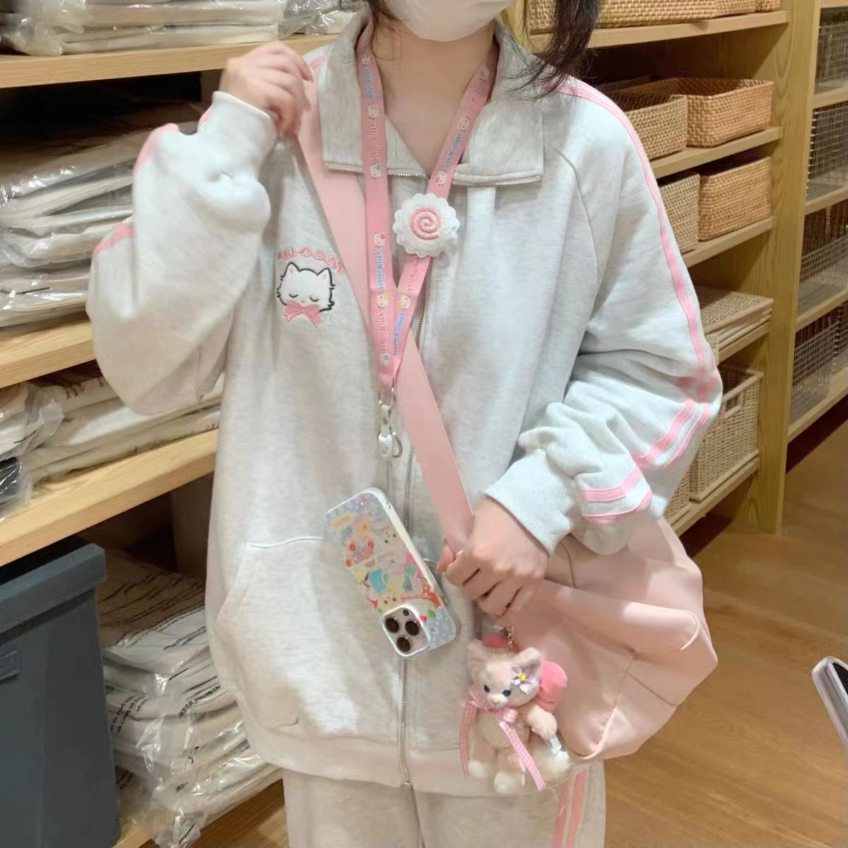 Pink cat embroidery Japanese cute and sweet autumn and winter girl two-piece sports suit jacket + casual trousers
