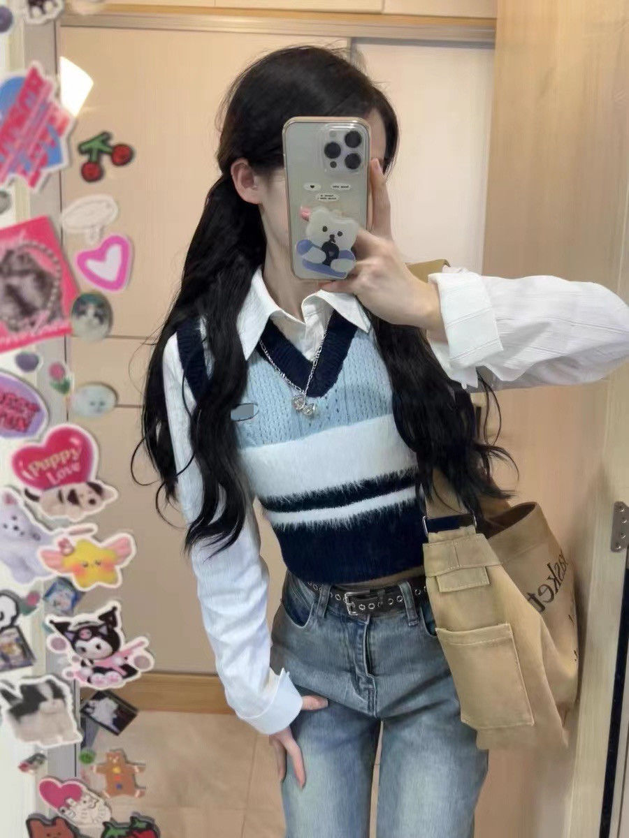 Korean spring design short knitted vest striped contrast V-neck sleeveless versatile waist vest