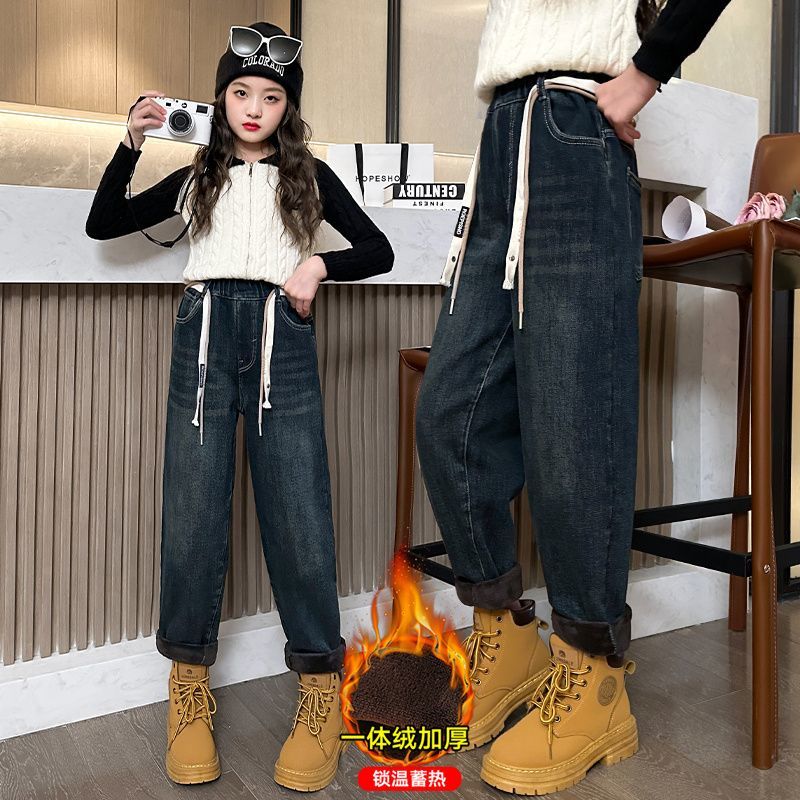 女童牛仔褲秋冬款外穿中大童加絨加厚冬天老爹長褲一體絨兒童褲子