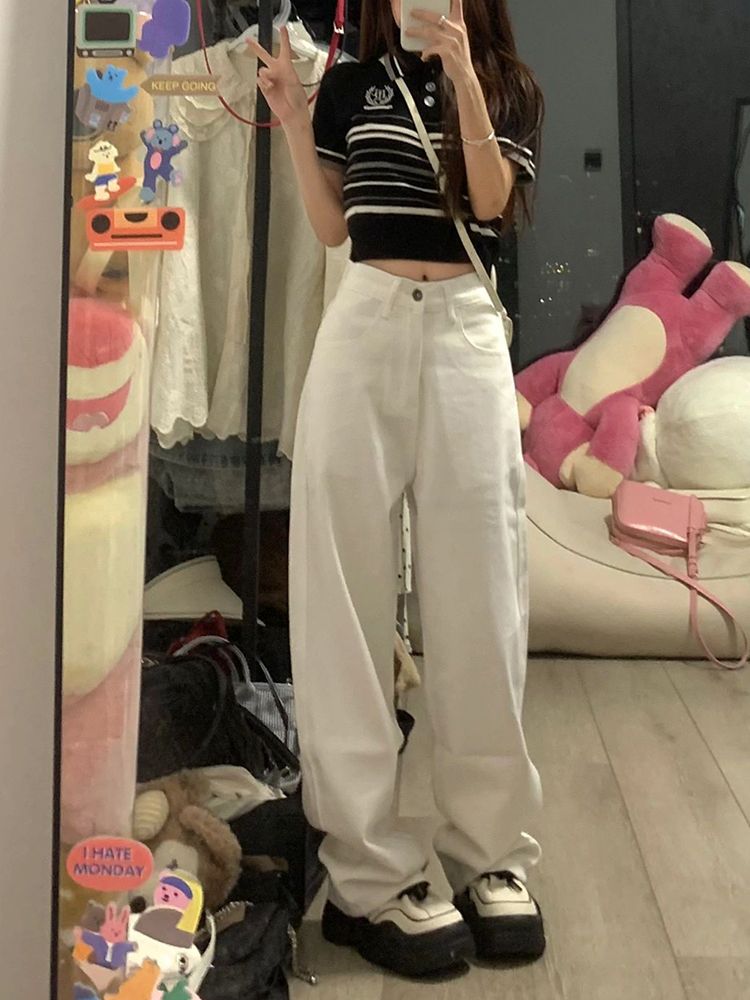 白色闊腿牛仔褲女秋季新款韓版高腰寬鬆遮肉顯瘦百搭直筒拖地褲子