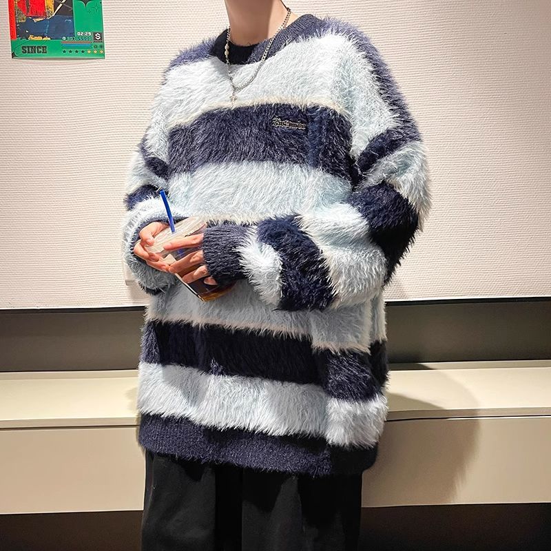日系撞色條紋毛衣男秋季寬鬆軟糯潮牌針織衫潮流慵懶風情侶外套潮