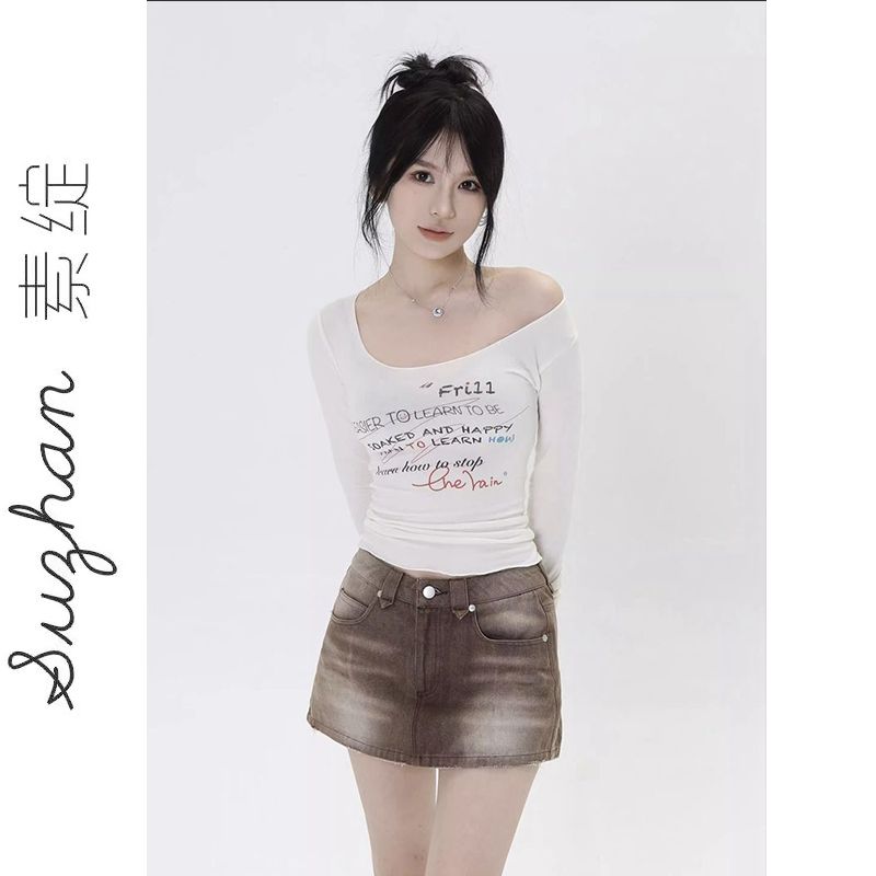 白色小個子修身顯瘦打底衫短款上衣服莫代爾字母印花木耳邊長袖潮