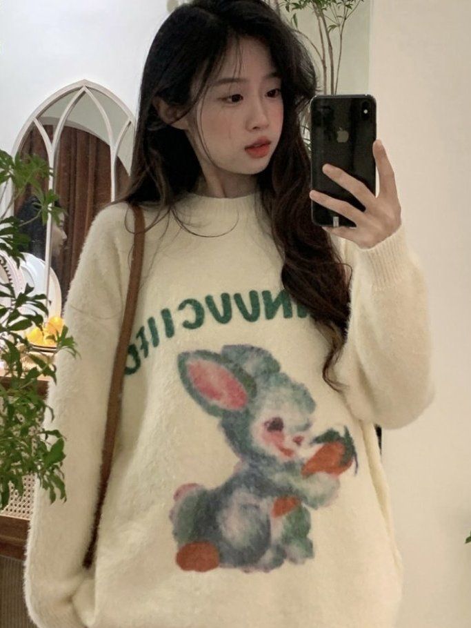 潮流可愛卡通兔子長袖毛衣女秋冬新款時尚甜美寬鬆顯瘦針織衫上衣
