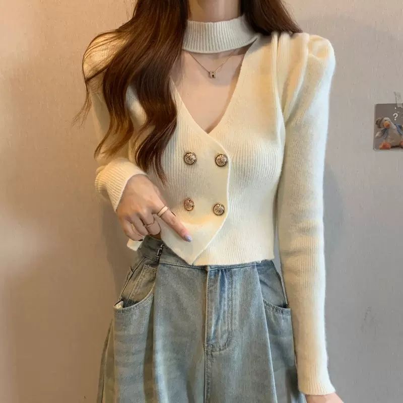 Halterneck v-neck bottoming shirt for women, high-end autumn clothing 2023 new trendy fashionable puff sleeve knitted top