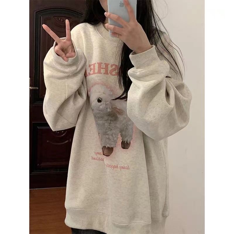 圓領oversize灰色秋冬加絨加厚法式慵懶風衛衣女薄款復古寬鬆上衣
