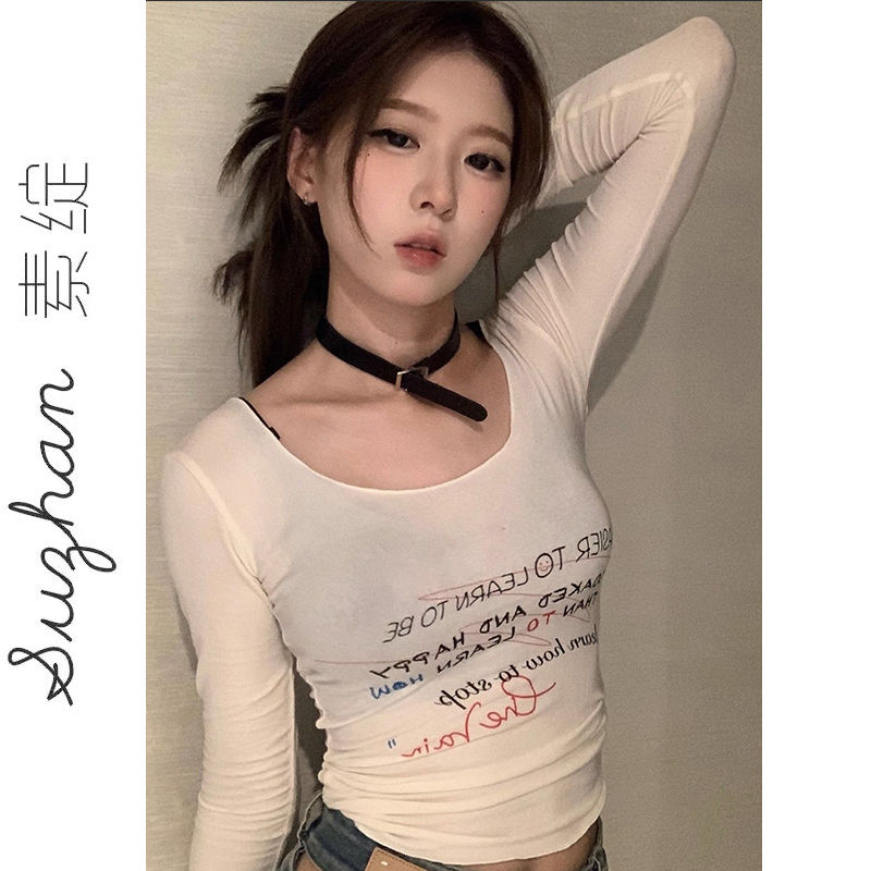 秋季新款字母印花內搭修身顯瘦露臍打底衫上衣女甜辣妹長袖t恤ins