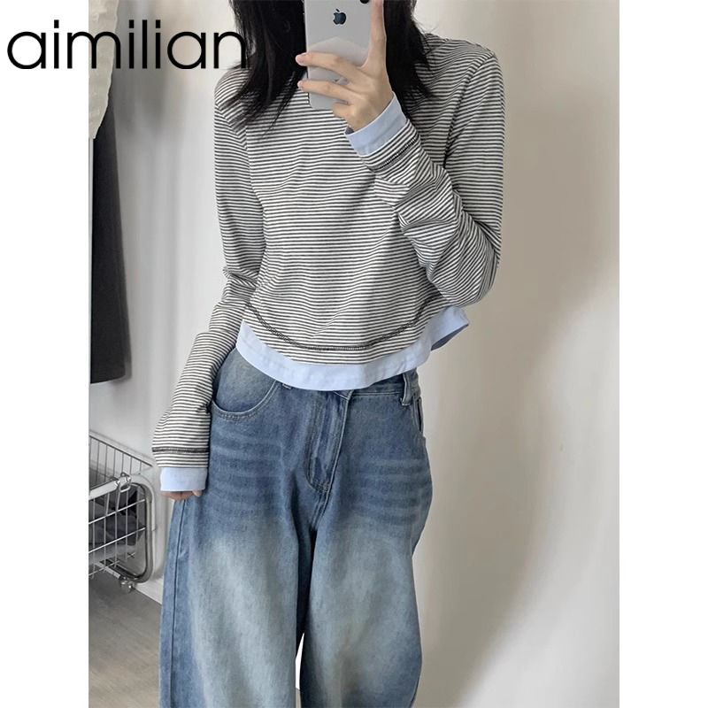 aimilian假兩件撞色條紋長袖T恤女春秋內搭打底衫不規則短款上衣