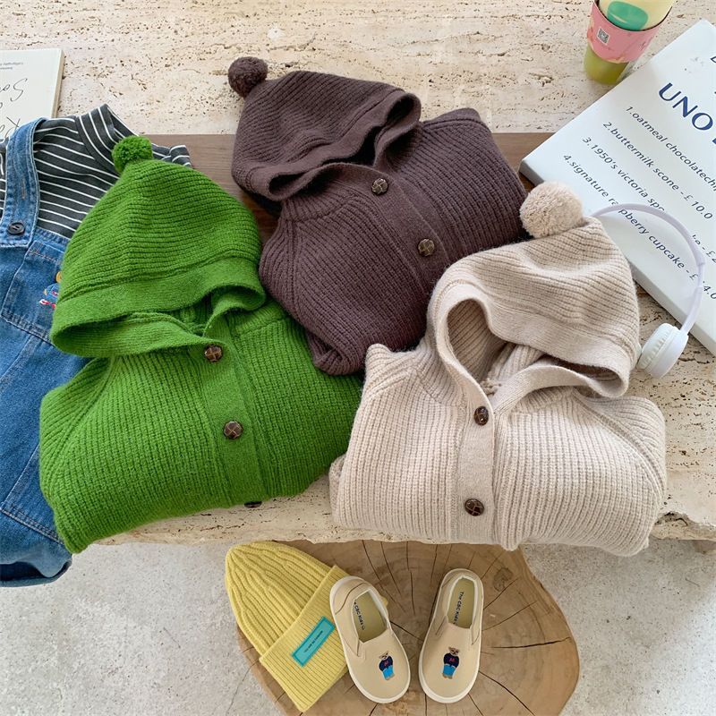 韩版中小童秋冬新款童装毛衣纯色洋气带帽针织小香风开衫长袖毛衣