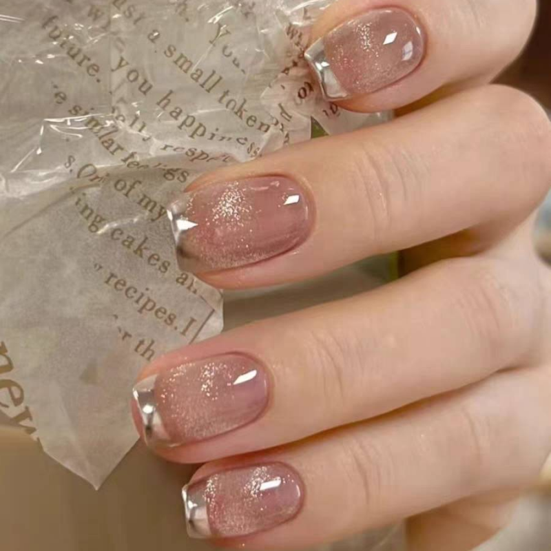 手工假指甲貼片成品晶石貓眼裸色顯白短款新娘孕婦穿戴甲