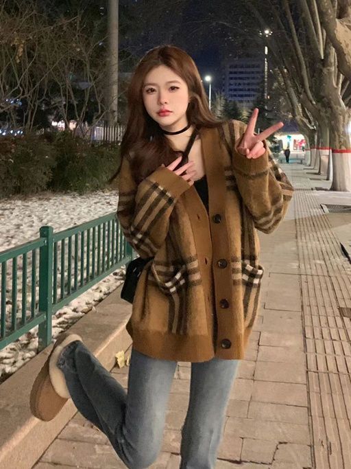 ins韓版時尚洋氣休閒外套女秋冬爆款氣質穿搭寬鬆顯瘦格子毛衣潮