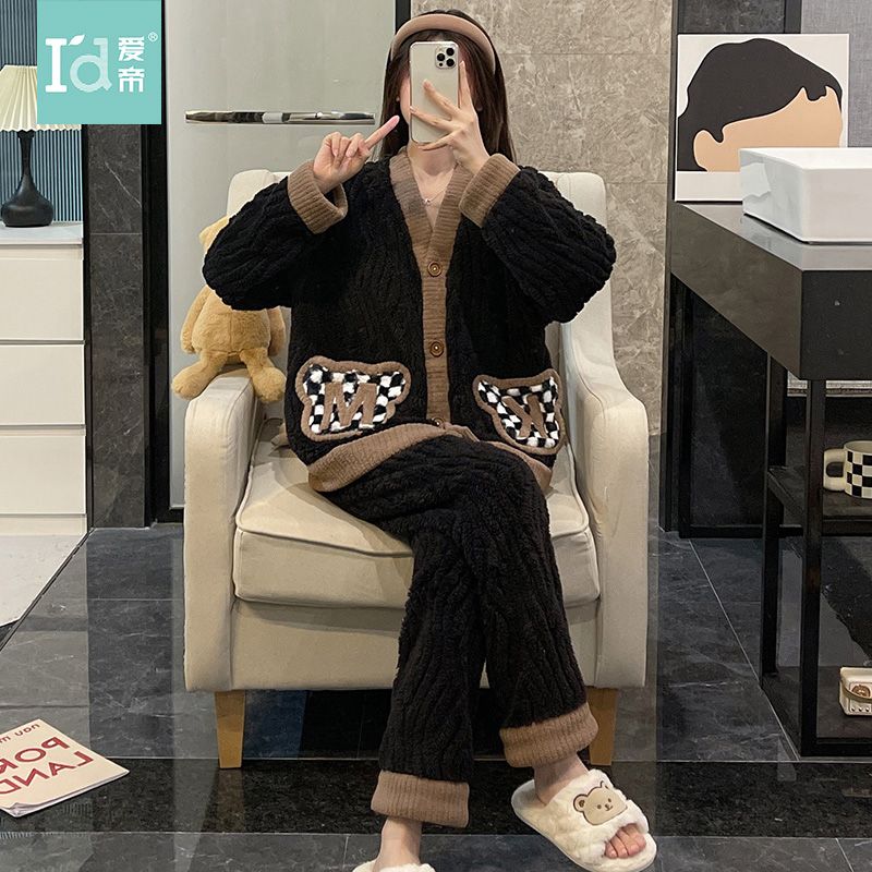 愛帝睡衣女冬季珊瑚絨卡通可外穿加絨加厚保暖家居服套裝爆款