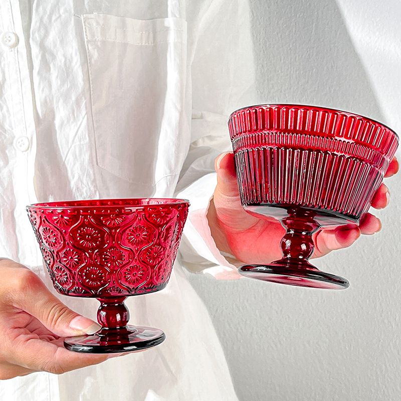 潮流宝石红竖纹冰淇淋杯家用酸奶杯甜品碗早餐碗沙拉碗高脚玻璃杯