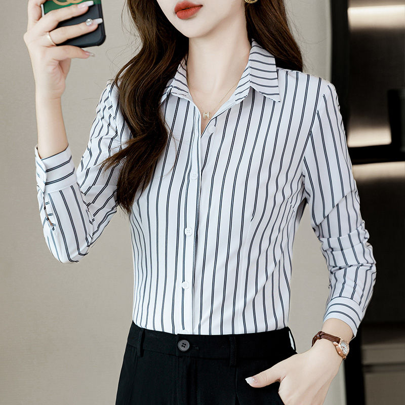 Striped shirt women's 2023 new long-sleeved hotel front desk work clothes small professional shirt pleated skirt suit