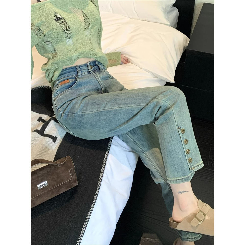 小個子九分褲高腰直筒牛仔褲女2023秋季設計感不規則復古顯瘦褲子
